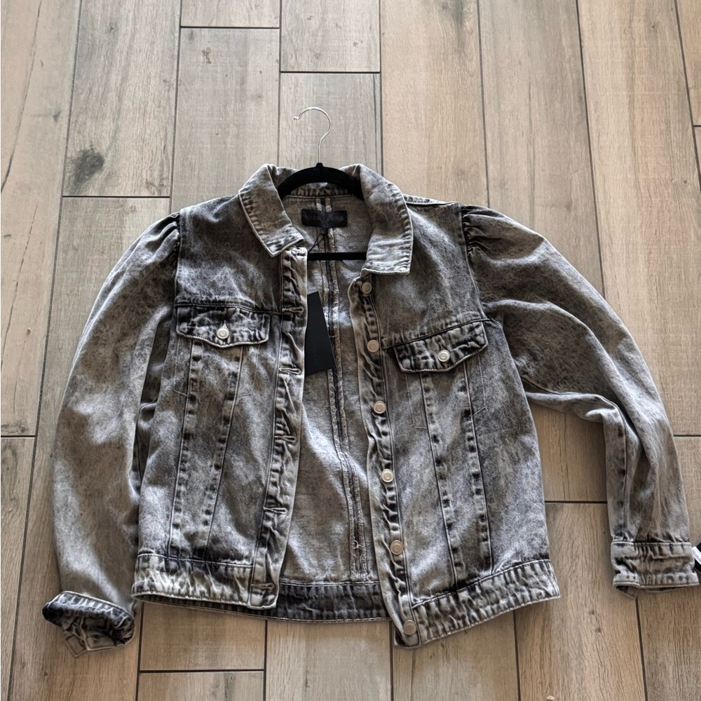 Kendall and Kyle acid wash black denim jacket with puff sleeve detail